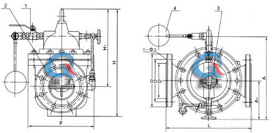 100X遙控浮球閥 外形結(jié)構(gòu)圖 (1、球閥 2、主閥 3、針閥 4、浮球閥)
