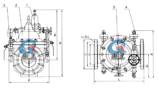 200X減壓穩(wěn)壓閥 外形結(jié)構(gòu)圖 (1、導(dǎo)閥 2、主閥 3、球閥 4、壓力表 5、針表 )